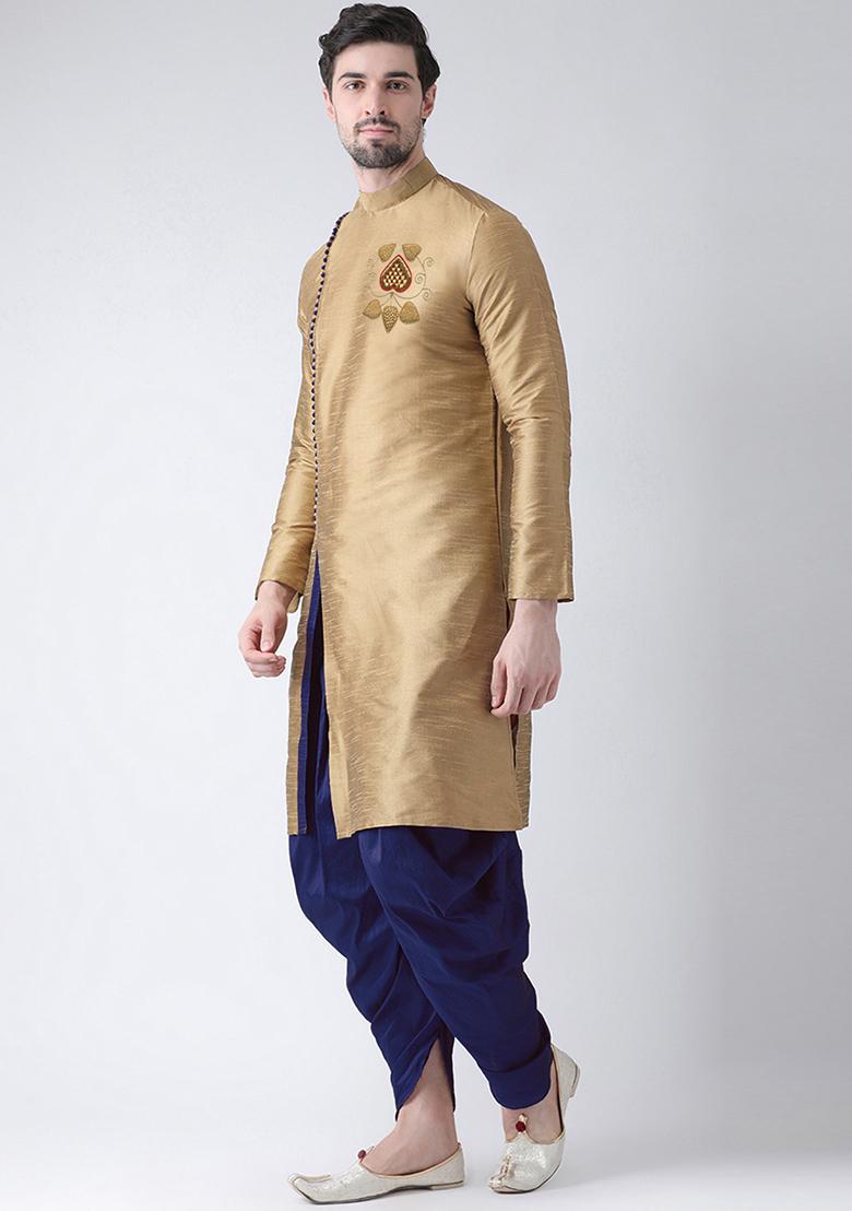 Golden Embroidered Dupion Silk Angrakha With Dhoti For Men