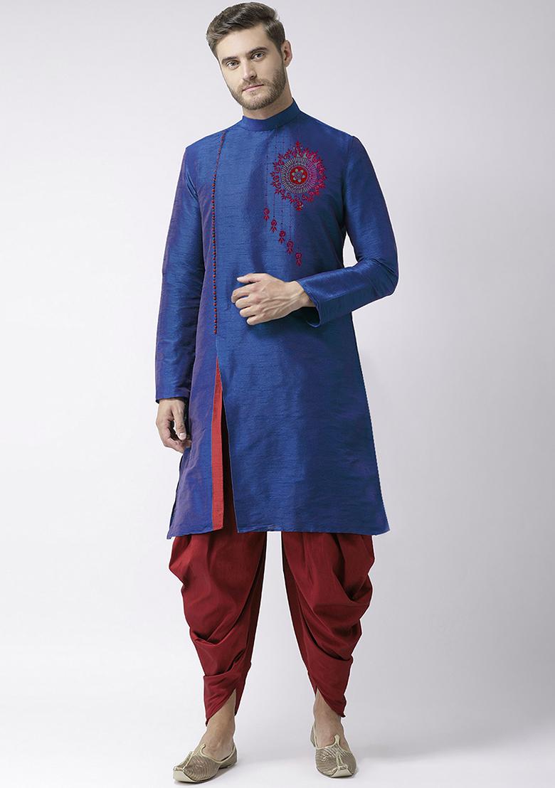 Royal Blue Embroidered Dupion Silk Angrakha With Dhoti For Men