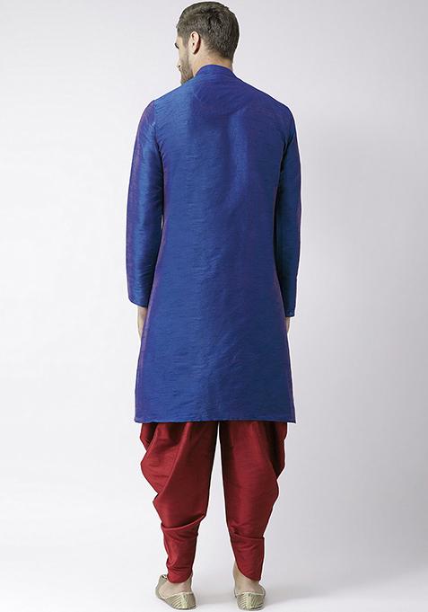 Royal Blue Embroidered Dupion Silk Angrakha With Dhoti For Men