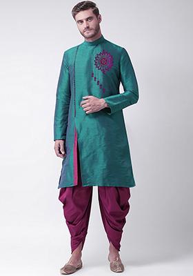 Sea Green Embroidered Dupion Silk Angrakha With Dhoti For Men