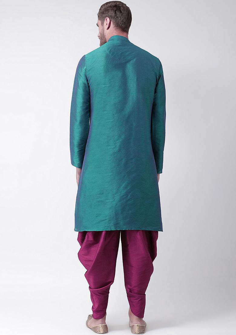 Sea Green Embroidered Dupion Silk Angrakha With Dhoti For Men