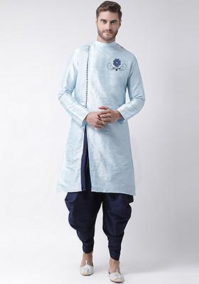 Light Blue Embroidered Dupion Silk Angrakha With Dhoti For Men
