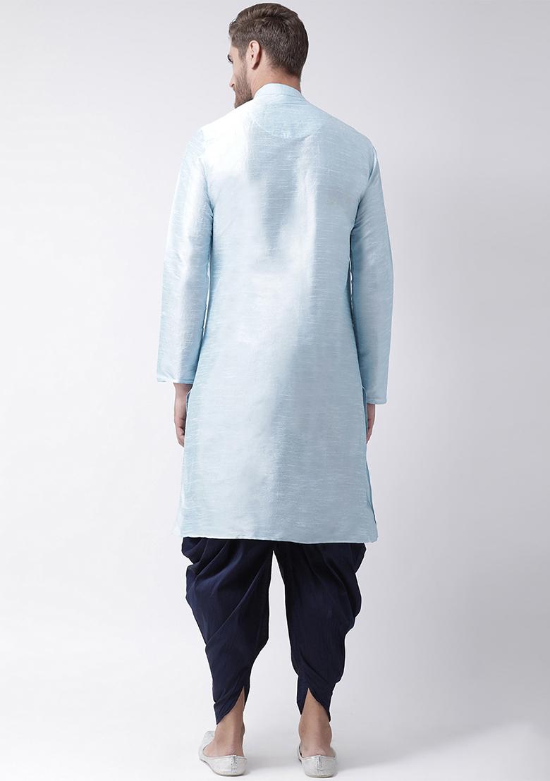 Light Blue Embroidered Dupion Silk Angrakha With Dhoti For Men