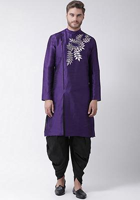 Violet Embroidered Dupion Silk Angrakha With Dhoti For Men