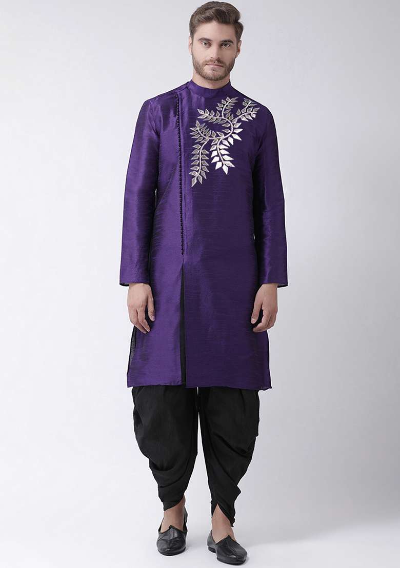 Violet Embroidered Dupion Silk Angrakha With Dhoti For Men - Indya