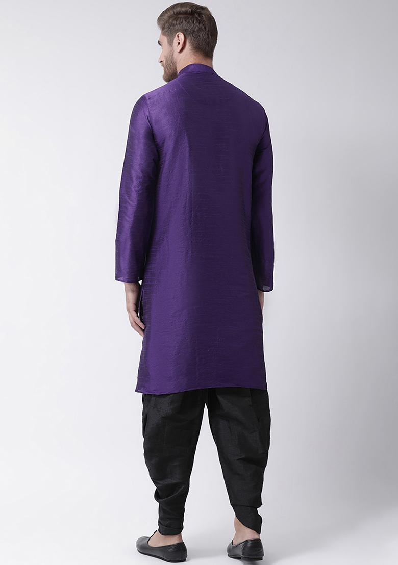 Violet Embroidered Dupion Silk Angrakha With Dhoti For Men