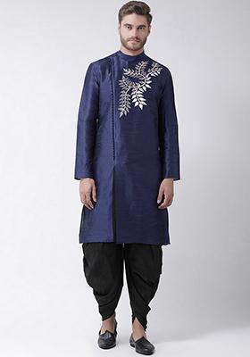 Navy Blue Embroidered Dupion Silk Angrakha With Dhoti For Men