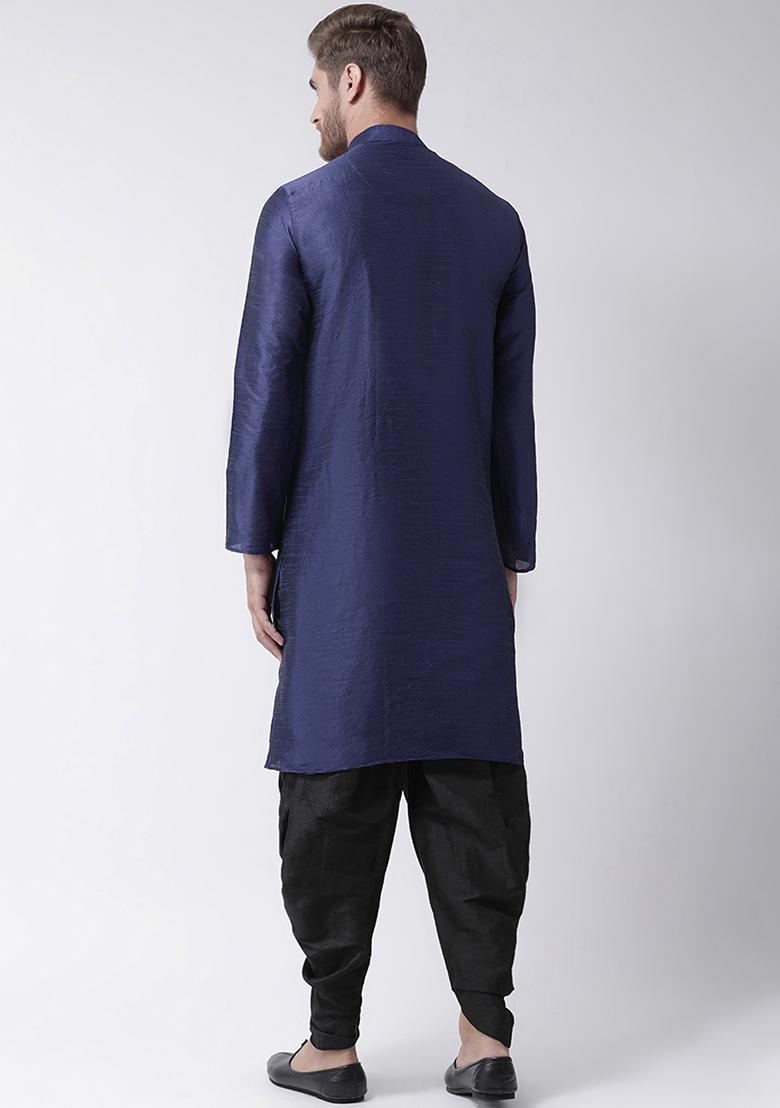 Navy Blue Embroidered Dupion Silk Angrakha With Dhoti For Men