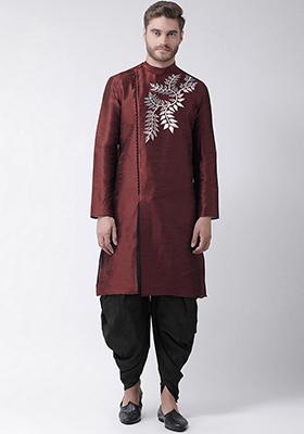 Dark Maroon Embroidered Dupion Silk Angrakha With Dhoti For Men