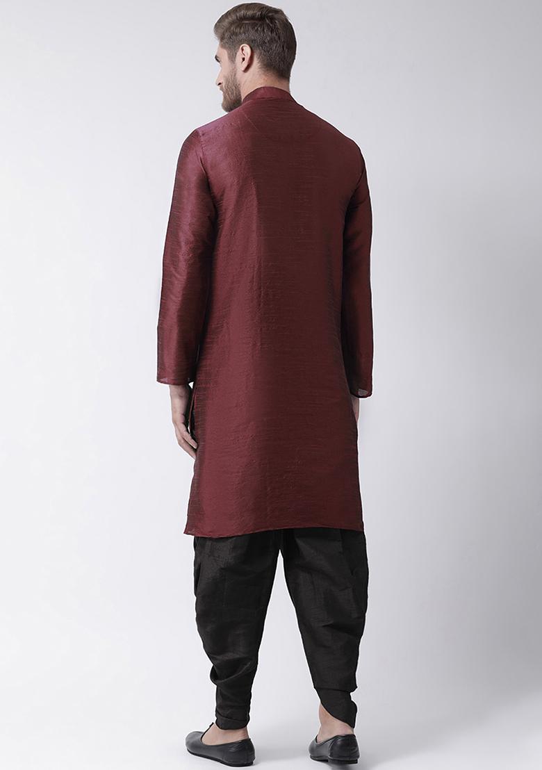 Dark Maroon Embroidered Dupion Silk Angrakha With Dhoti For Men