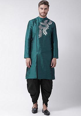Sea Green Embroidered Dupion Silk Angrakha With Dhoti For Men