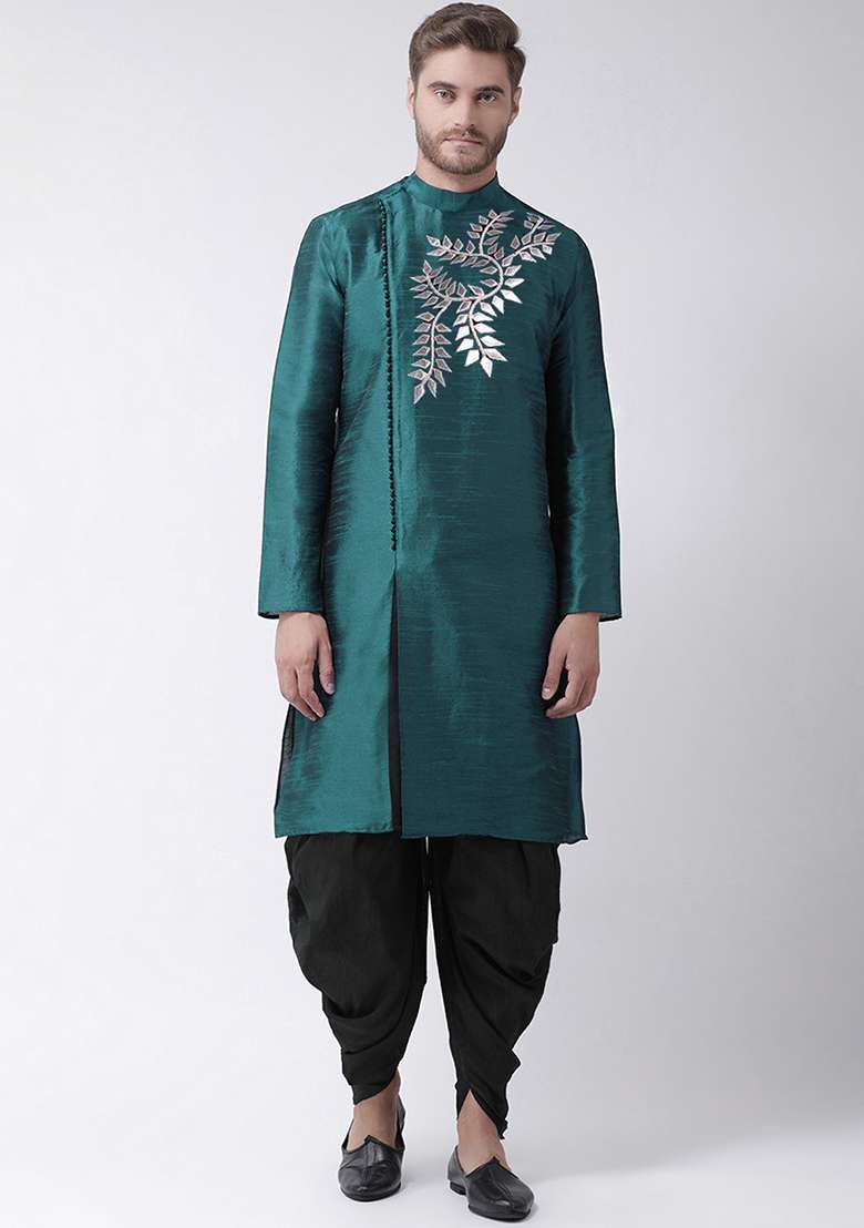 Sea Green Embroidered Dupion Silk Angrakha With Dhoti For Men - Indya