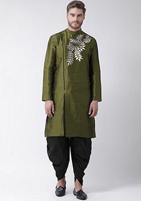 Mehandi Green Embroidered Dupion Silk Angrakha With Dhoti For Men