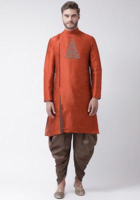Rust Orange Embroidered Dupion Silk Angrakha With Dhoti For Men