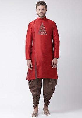 Rust Orange Embroidered Dupion Silk Angrakha With Dhoti For Men