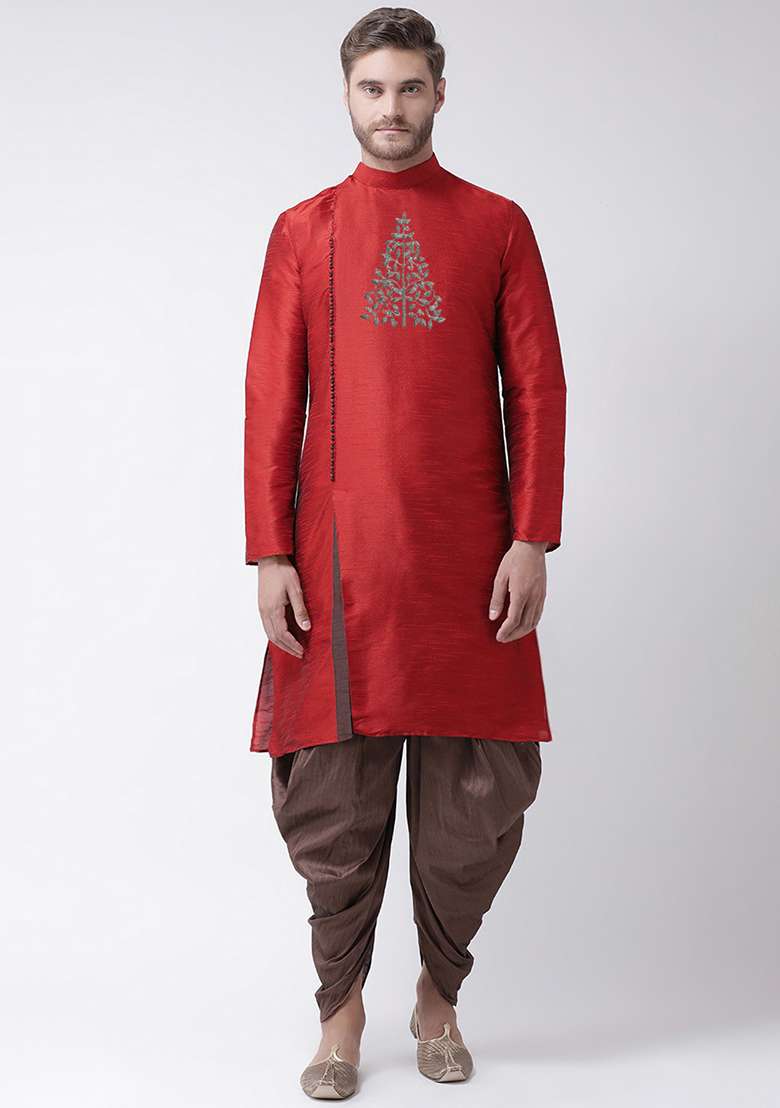 Rust Orange Embroidered Dupion Silk Angrakha With Dhoti For Men - Indya