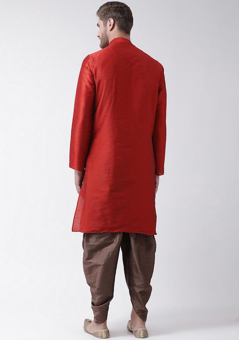 Rust Orange Embroidered Dupion Silk Angrakha With Dhoti For Men