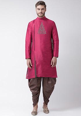 Magenta Embroidered Dupion Silk Angrakha With Dhoti For Men
