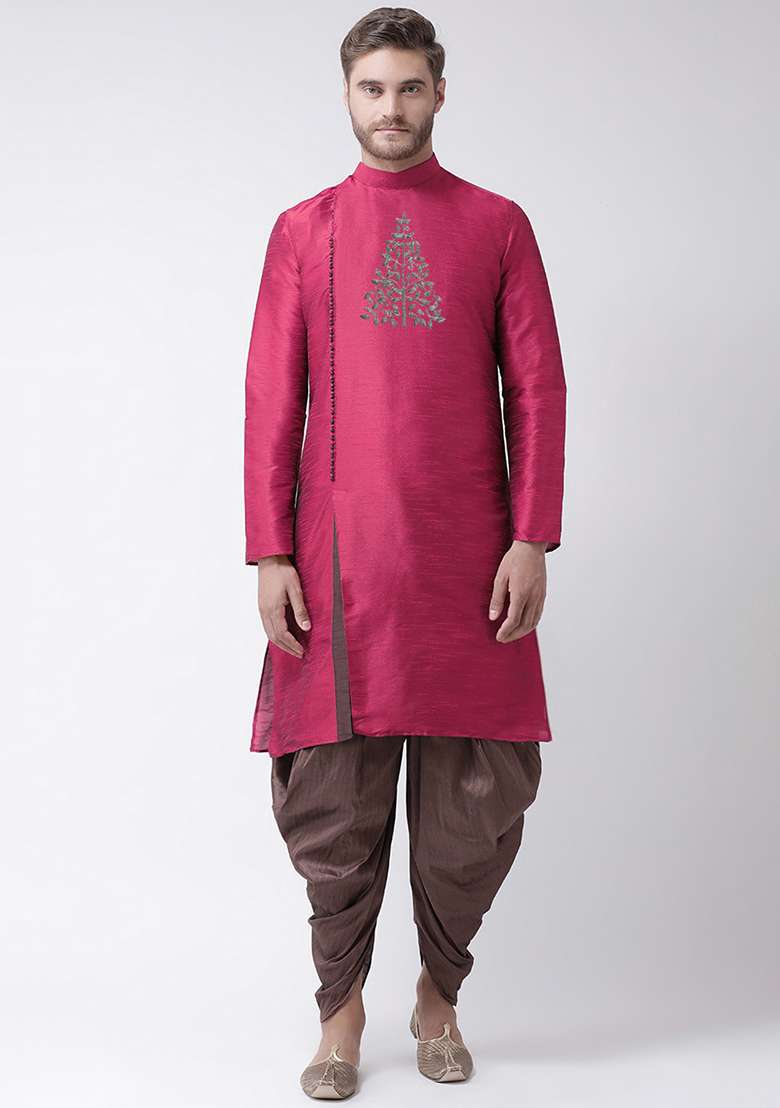Magenta Embroidered Dupion Silk Angrakha With Dhoti For Men - Indya