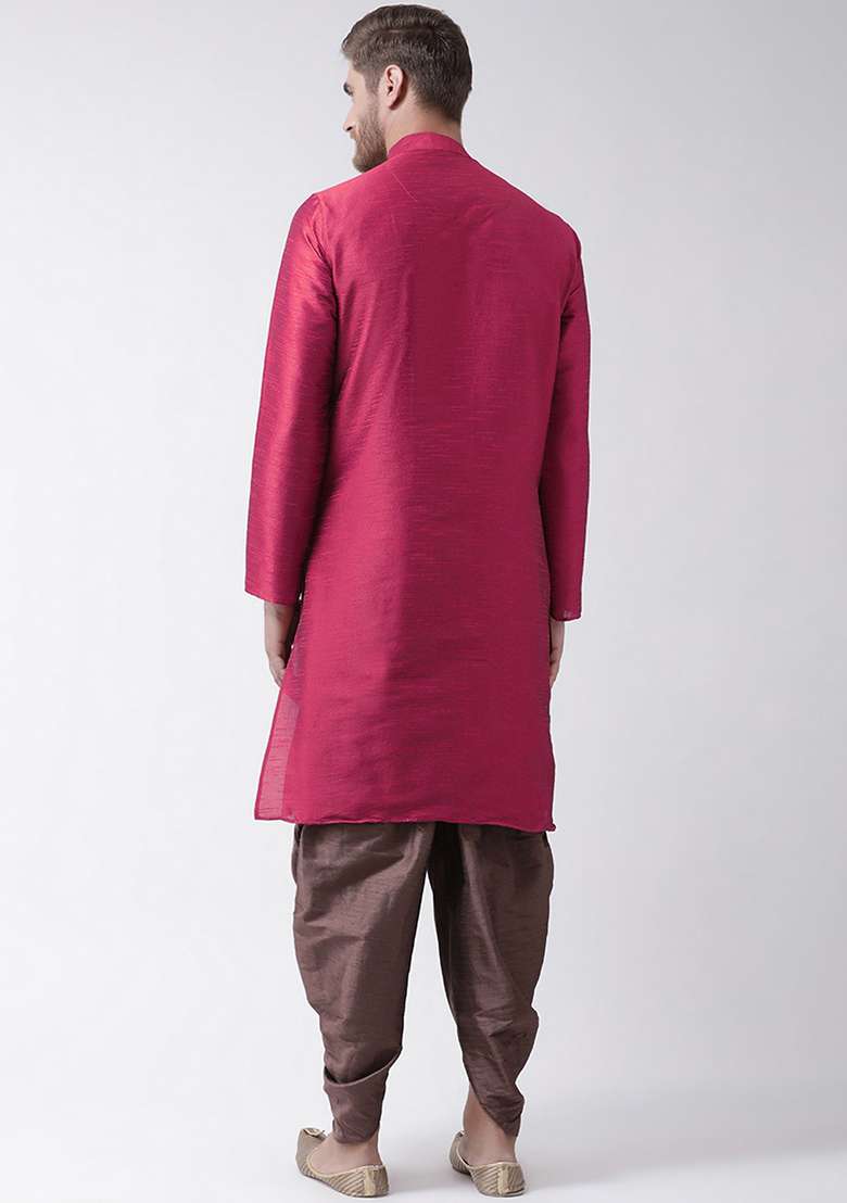 Magenta Embroidered Dupion Silk Angrakha With Dhoti For Men - Indya