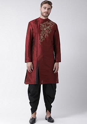 Dark Maroon Embroidered Dupion Silk Angrakha With Dhoti For Men