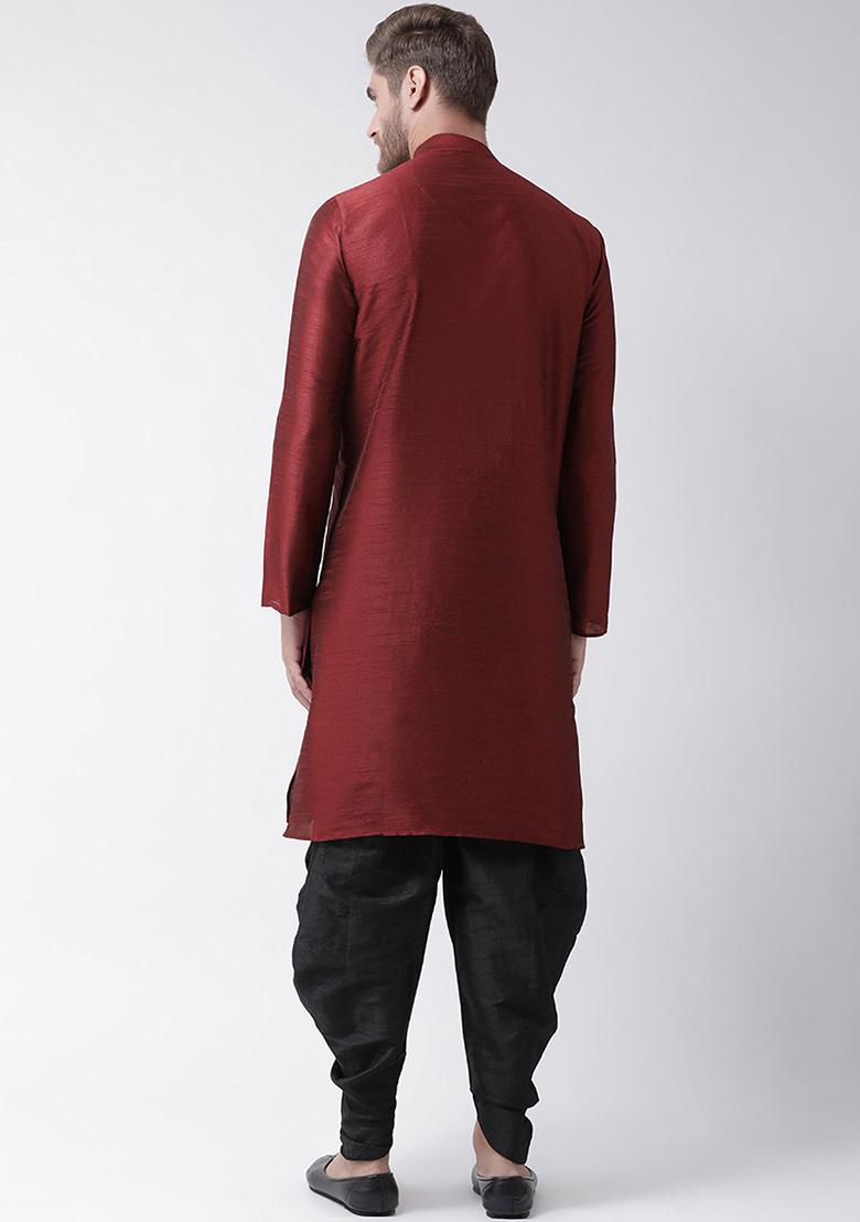 Dark Maroon Embroidered Dupion Silk Angrakha With Dhoti For Men