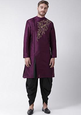 Purple Embroidered Dupion Silk Angrakha With Dhoti For Men