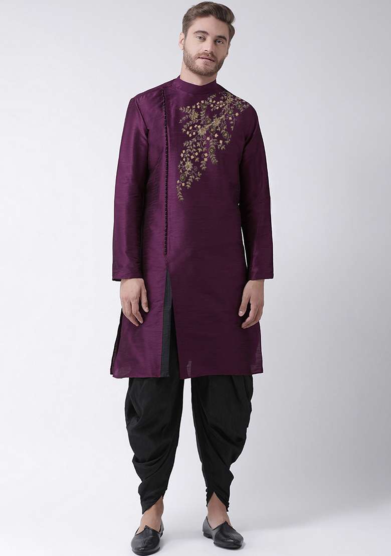 Purple Embroidered Dupion Silk Angrakha With Dhoti For Men - Indya
