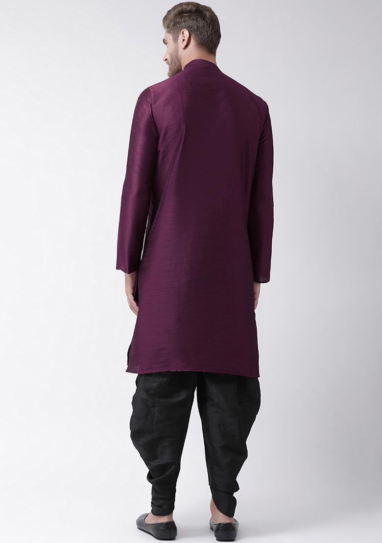 Purple Embroidered Dupion Silk Angrakha With Dhoti For Men