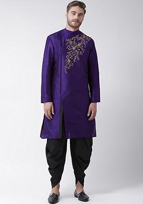 Violet Embroidered Dupion Silk Angrakha With Dhoti For Men