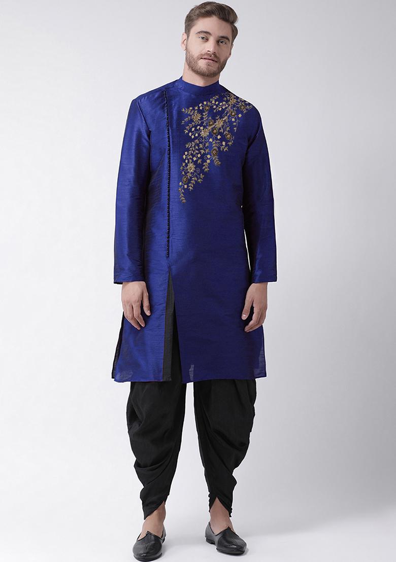 Royal Blue Embroidered Dupion Silk Angrakha With Dhoti For Men