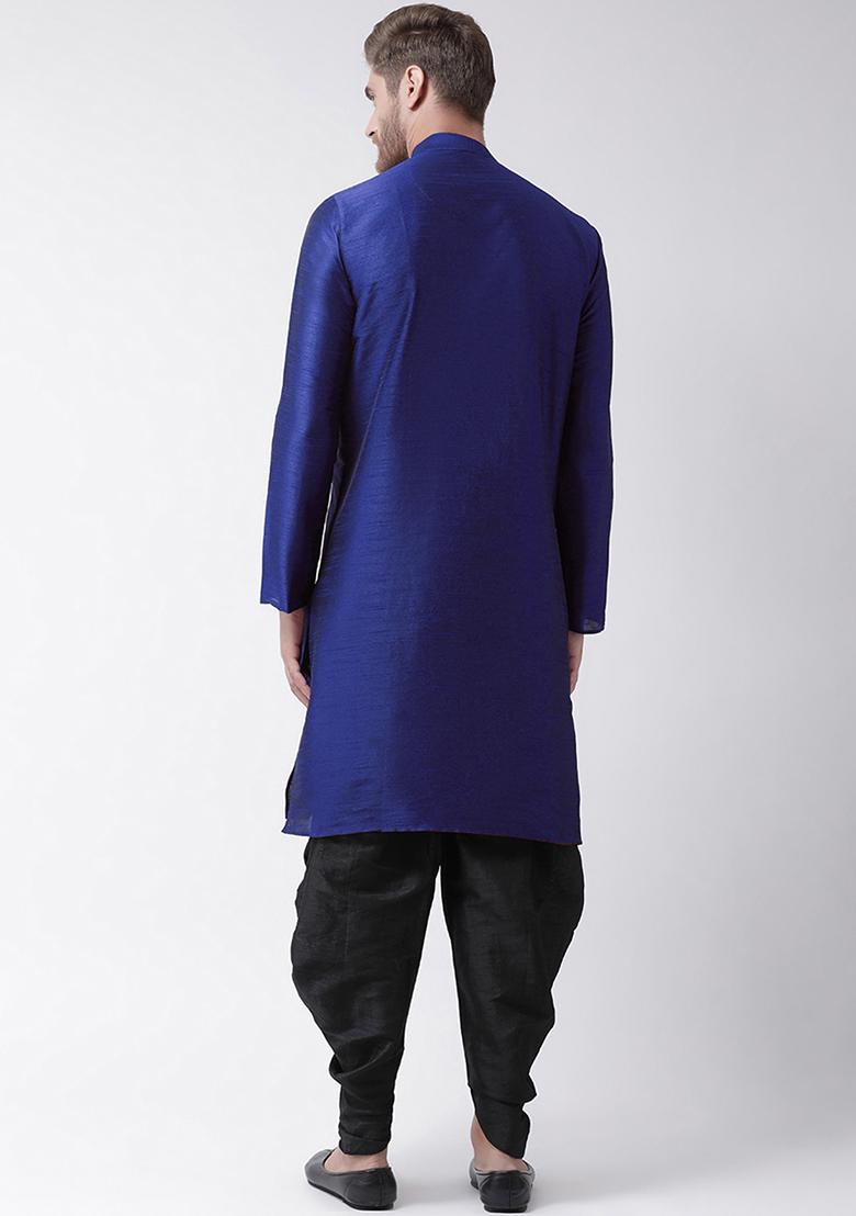 Royal Blue Embroidered Dupion Silk Angrakha With Dhoti For Men