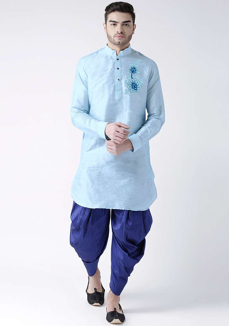 Light Blue Embroidered Dupion Silk Angrakha With Dhoti For Men - Indya