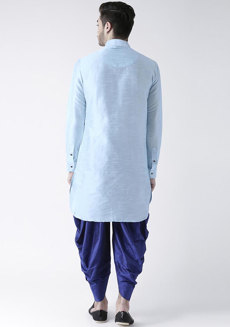 Light Blue Embroidered Dupion Silk Angrakha With Dhoti For Men
