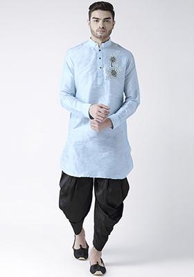 Light Blue Embroidered Dupion Silk Angrakha With Dhoti For Men