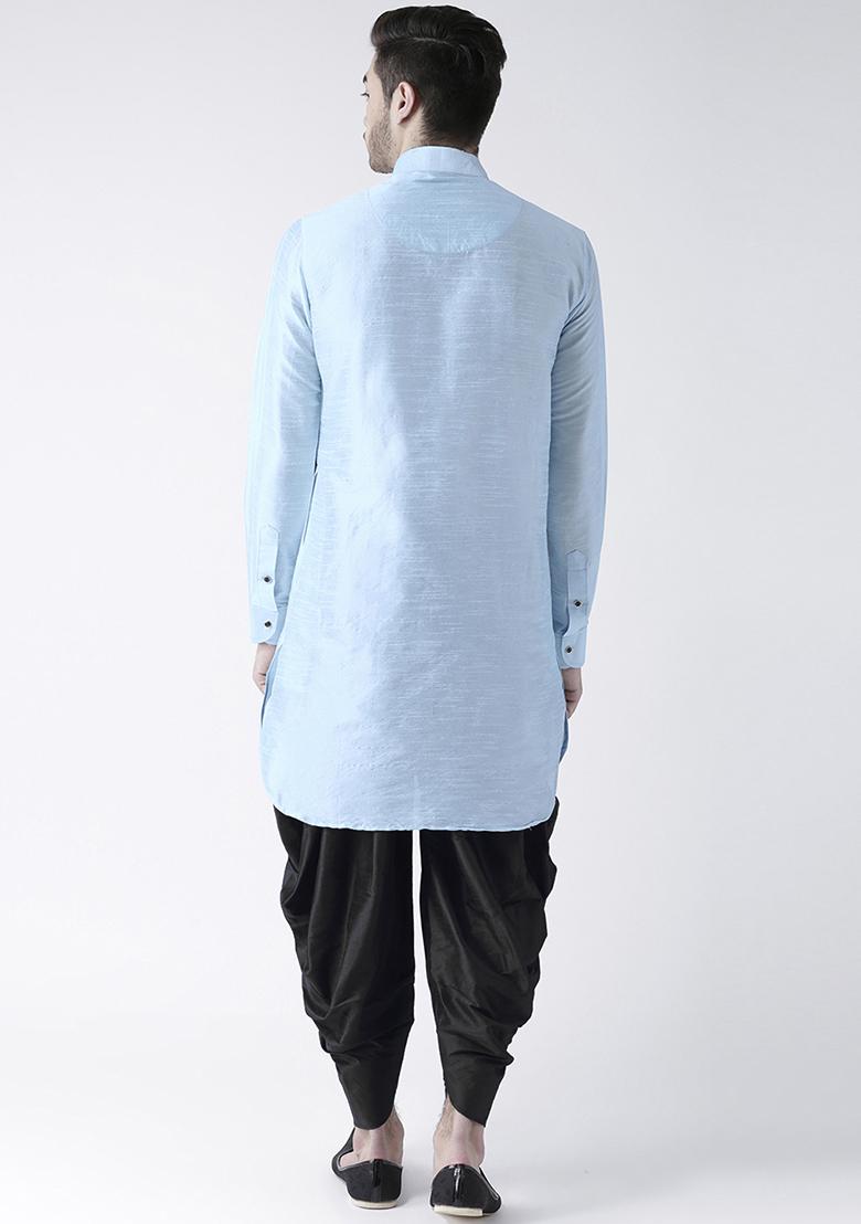 Light Blue Embroidered Dupion Silk Angrakha With Dhoti For Men