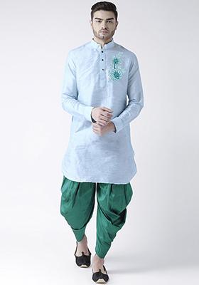 Light Blue Embroidered Dupion Silk Angrakha With Dhoti For Men