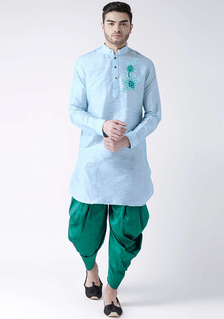 Light Blue Embroidered Dupion Silk Angrakha With Dhoti For Men - Indya