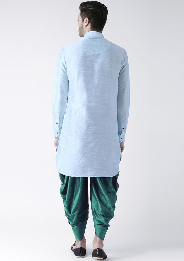 Light Blue Embroidered Dupion Silk Angrakha With Dhoti For Men