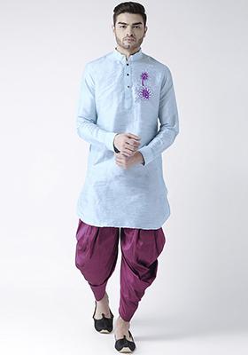 Light Blue Embroidered Dupion Silk Angrakha With Dhoti For Men