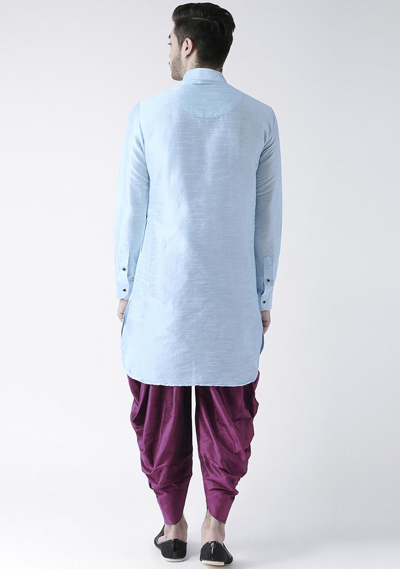 Light Blue Embroidered Dupion Silk Angrakha With Dhoti For Men