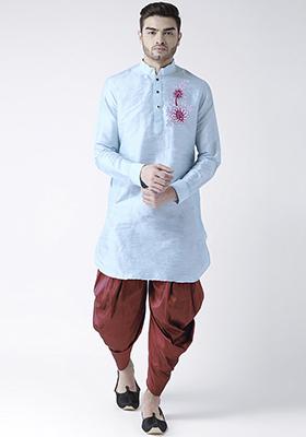 Light Blue Embroidered Dupion Silk Angrakha With Dhoti For Men