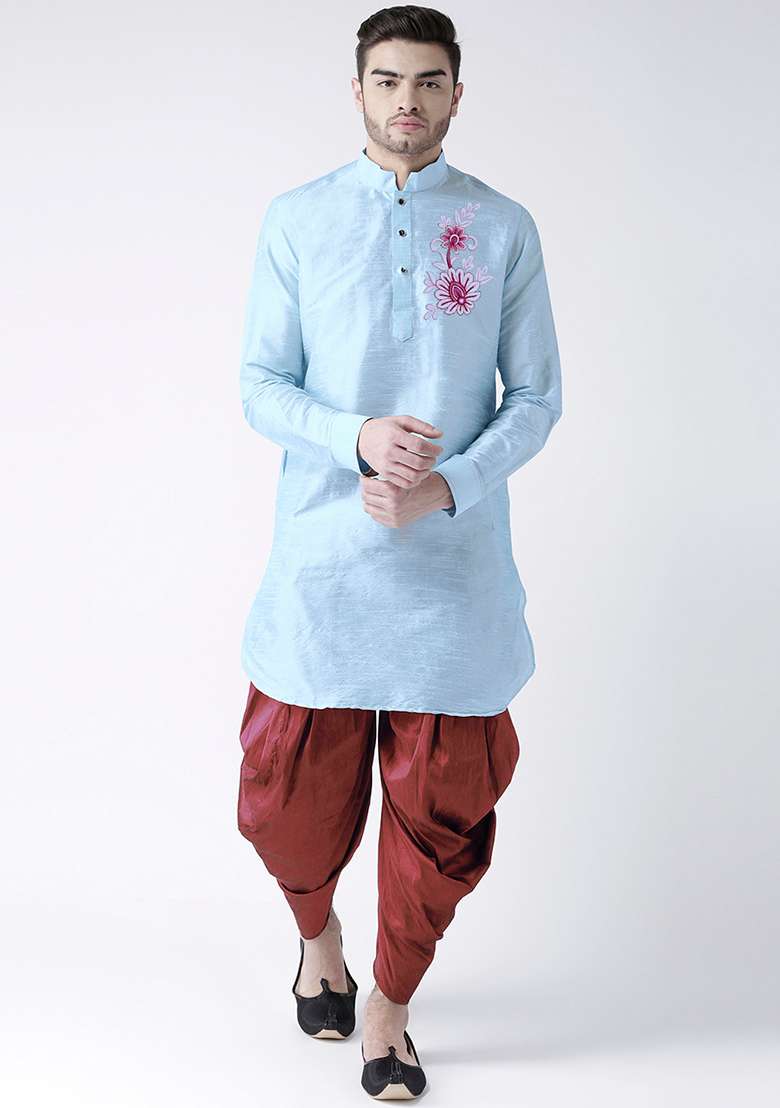 Light Blue Embroidered Dupion Silk Angrakha With Dhoti For Men - Indya
