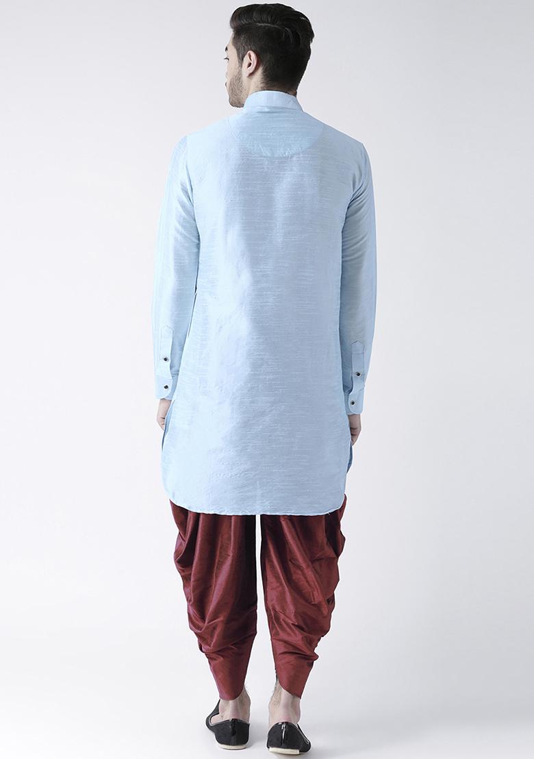 Light Blue Embroidered Dupion Silk Angrakha With Dhoti For Men