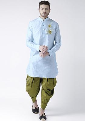 Light Blue Embroidered Dupion Silk Angrakha With Dhoti For Men