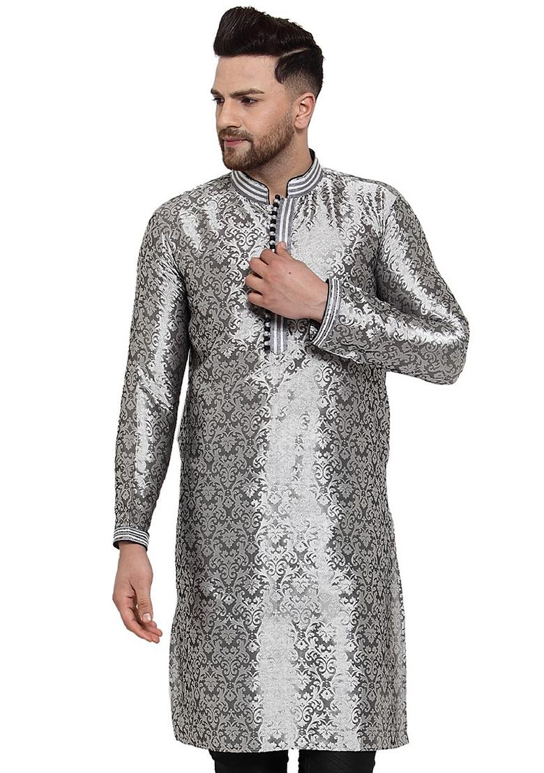 Grey Machine Embrodiery Jacquard Dupionsilk Kurta For Men