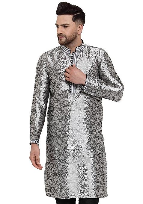 Grey Machine Embrodiery Jacquard Dupionsilk Kurta For Men