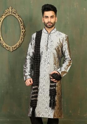 Grey Plain Jacquard Dupionsilk Kurta For Men