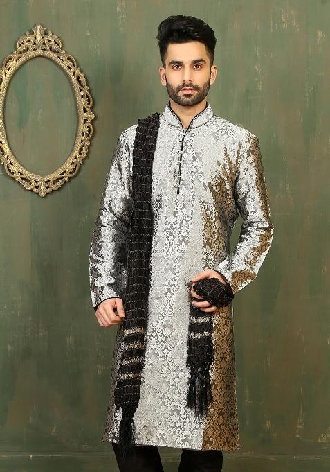 Grey Plain Jacquard Dupionsilk Kurta For Men