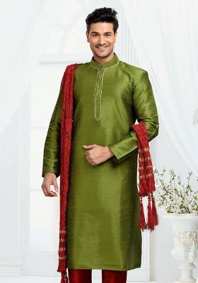 Mehendi Green Machine Embrodiery Dupion Silk Kurta For Men
